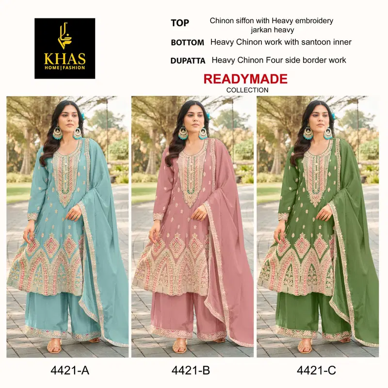 4421 Khas Chinon Silk Pakistani Readymade Suits Surat Wholesale Market